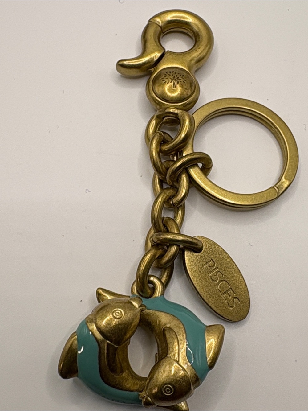 Mulberry Pisces Brass Keychain with Teal Enamel Fish Charm